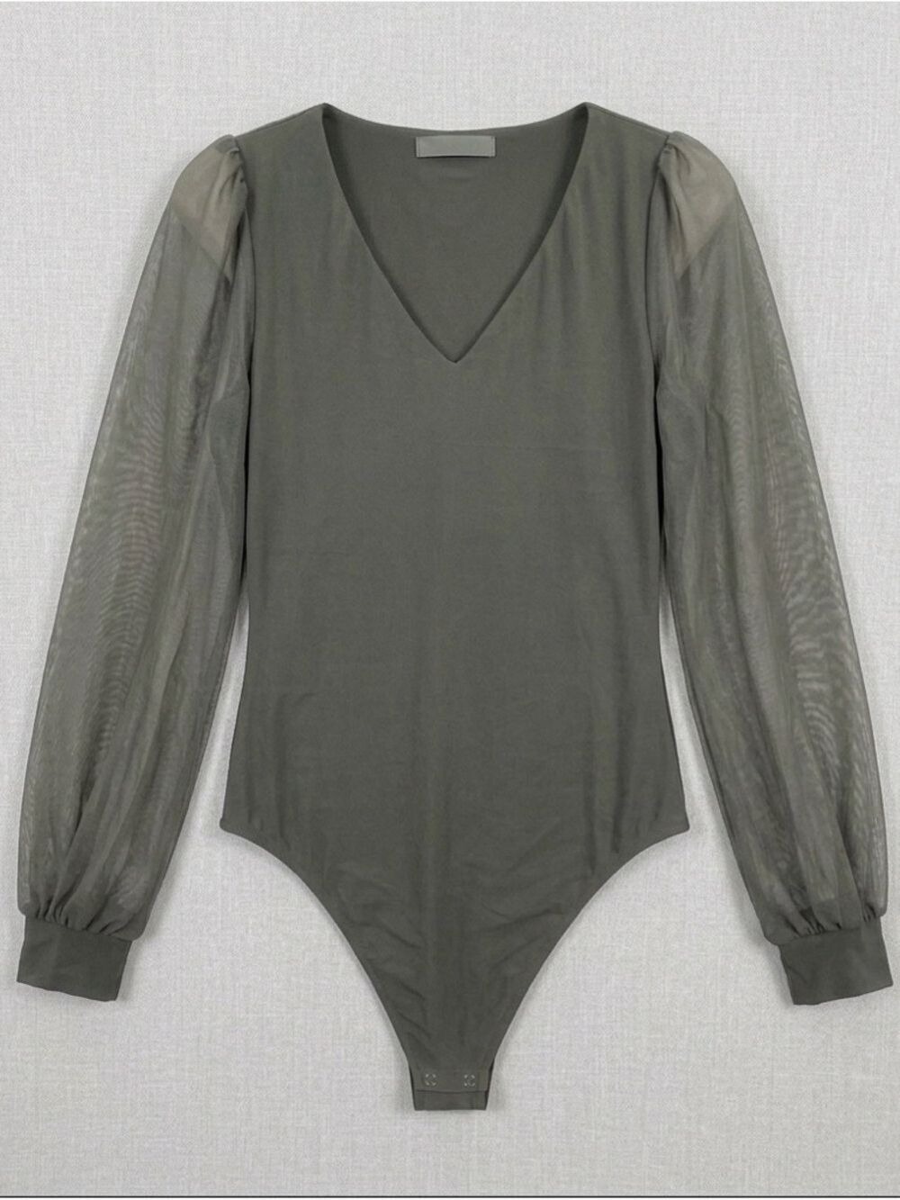 REORIA Mesh Long Sleeve Bodysuit XL | Thyme Green Deep V Sheer Sleeve Stretch